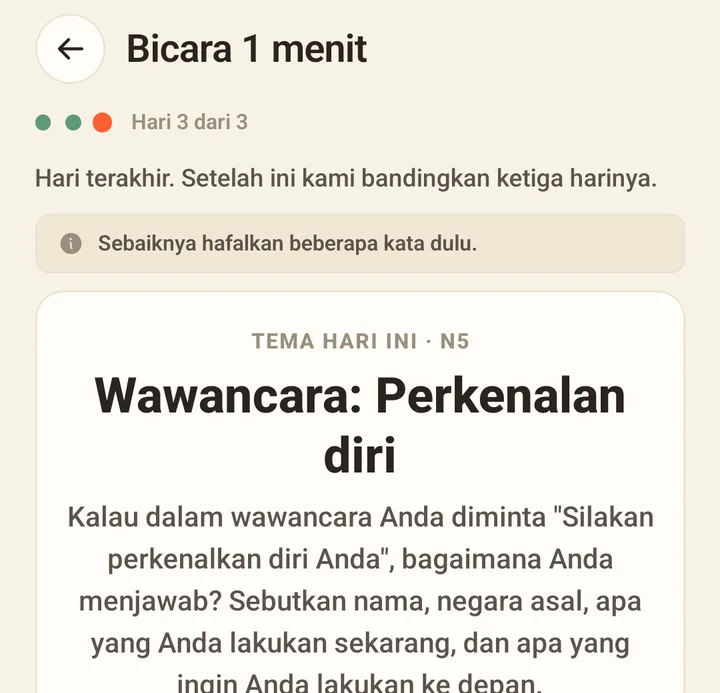 Sebagian layar latihan bicara 1 menit di aplikasi Forple: tema hari ini.